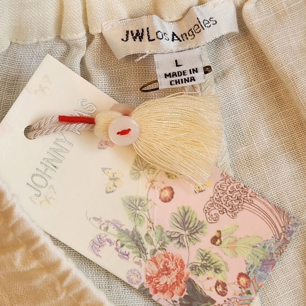 Johnny Was Pants L Ivory 100% Linen Soller Wide Leg Embroidered Boho New $225 - Picture 12 of 16